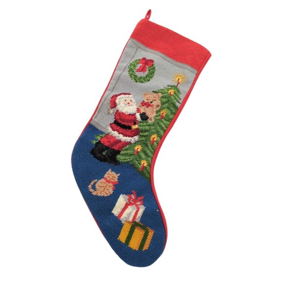 Vintage Needlepoint Christmas Stocking Santa Tree Cat Gifts 21" Holiday Decor - Picture 1 of 12